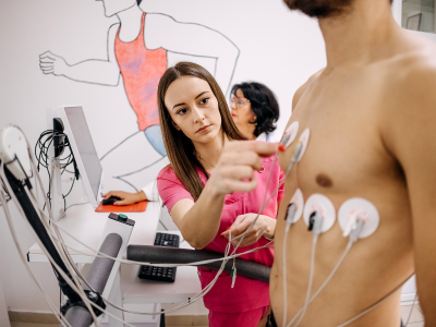 Enfermera realizando apto médico deportivo en el consultorio de Pilar